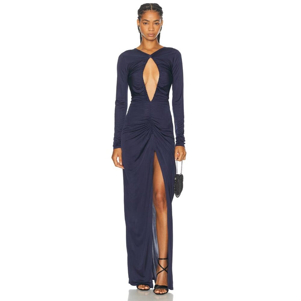 Atlein Open Front Ruched Gown in Cob Abysse